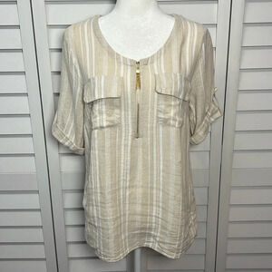 Ellen Tracy Linen Blend Striped Roll Tab Sleeve Tunic Top Size S Khaki & White